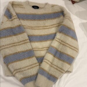 VICI Cream Fuzzy Crewneck with Blue and Tan Stripes